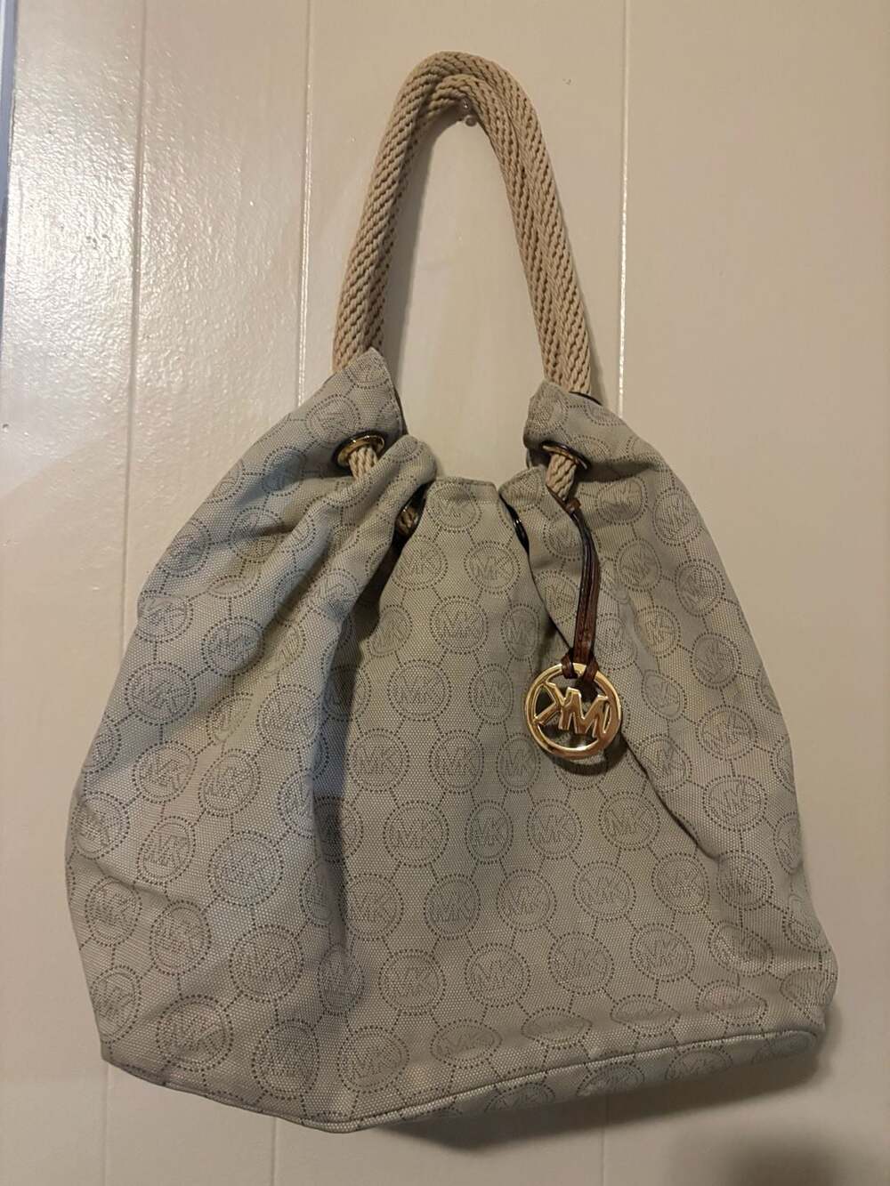 Michael Kors Logo Canvas Rope Handle Hobo Tote Bag Gray
